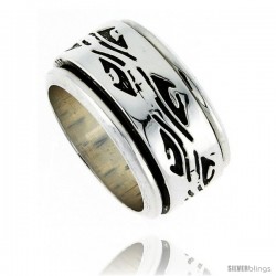 Sterling Silver Men's Spinner Ring Native American Pattern Handmade 1/2 in wide