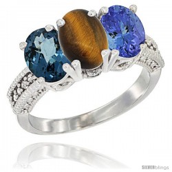 14K White Gold Natural London Blue Topaz, Tiger Eye & Tanzanite Ring 3-Stone 7x5 mm Oval Diamond Accent