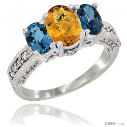 14k White Gold Ladies Oval Natural Whisky Quartz 3-Stone Ring with London Blue Topaz Sides Diamond Accent