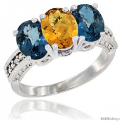 14K White Gold Natural Whisky Quartz & London Blue Topaz Sides Ring 3-Stone 7x5 mm Oval Diamond Accent