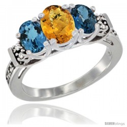 14K White Gold Natural Whisky Quartz & London Blue Ring 3-Stone Oval with Diamond Accent