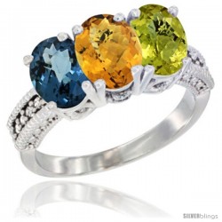 14K White Gold Natural London Blue Topaz, Whisky Quartz & Lemon Quartz Ring 3-Stone 7x5 mm Oval Diamond Accent