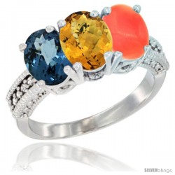 14K White Gold Natural London Blue Topaz, Whisky Quartz & Coral Ring 3-Stone 7x5 mm Oval Diamond Accent