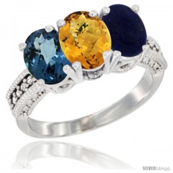 14K White Gold Natural London Blue Topaz, Whisky Quartz & Lapis Ring 3-Stone 7x5 mm Oval Diamond Accent