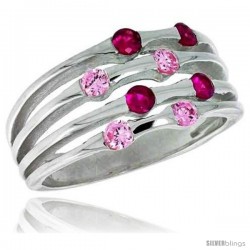 Highest Quality Sterling Silver 3/8 in (10 mm) wide Right Hand Ring, Brilliant Cut Ruby & Pink Tourmaline-colored CZ Stones