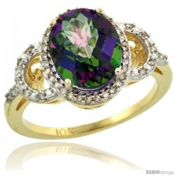 10k Yellow Gold Diamond Halo Mystic Topaz Ring 2.4 ct Oval Stone 10x8 mm, 1/2 in wide