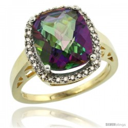 10k Yellow Gold Diamond Mystic Topaz Ring 5.17 ct Checkerboard Cut Cushion 12x10 mm, 1/2 in wide