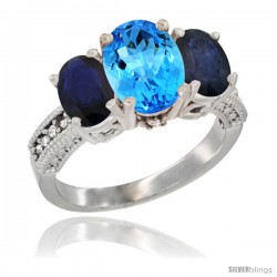 14K White Gold Ladies 3-Stone Oval Natural Swiss Blue Topaz Ring with Blue Sapphire Sides Diamond Accent