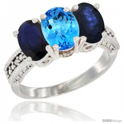 14K White Gold Natural Swiss Blue Topaz & Blue Sapphire Sides Ring 3-Stone 7x5 mm Oval Diamond Accent