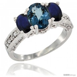 14k White Gold Ladies Oval Natural London Blue Topaz 3-Stone Ring with Blue Sapphire Sides Diamond Accent