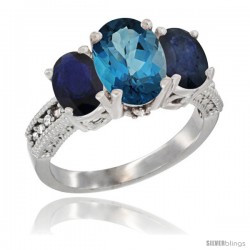 14K White Gold Ladies 3-Stone Oval Natural London Blue Topaz Ring with Blue Sapphire Sides Diamond Accent