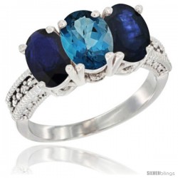 14K White Gold Natural London Blue Topaz & Blue Sapphire Sides Ring 3-Stone 7x5 mm Oval Diamond Accent