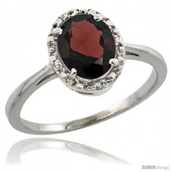 14k White Gold Diamond Halo Garnet Ring 1.2 ct Oval Stone 8x6 mm, 1/2 in wide