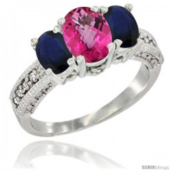 14k White Gold Ladies Oval Natural Pink Topaz 3-Stone Ring with Blue Sapphire Sides Diamond Accent