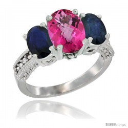 14K White Gold Ladies 3-Stone Oval Natural Pink Topaz Ring with Blue Sapphire Sides Diamond Accent