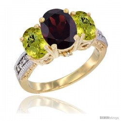 10K Yellow Gold Ladies 3-Stone Oval Natural Garnet Ring with Lemon Quartz Sides Diamond Accent