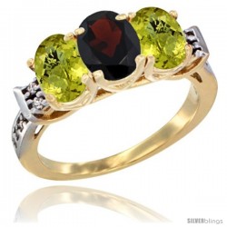 10K Yellow Gold Natural Garnet & Lemon Quartz Sides Ring 3-Stone Oval 7x5 mm Diamond Accent