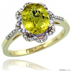 10k Yellow Gold Diamond Halo Lemon Quartz Ring 1.65 Carat Oval Shape 9X7 mm, 7/16 in (11mm) wide