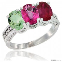 10K White Gold Natural Green Amethyst, Pink Topaz & Ruby Ring 3-Stone Oval 7x5 mm Diamond Accent