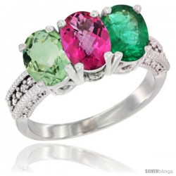 10K White Gold Natural Green Amethyst, Pink Topaz & Emerald Ring 3-Stone Oval 7x5 mm Diamond Accent