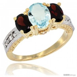 14k Yellow Gold Ladies Oval Natural Aquamarine 3-Stone Ring with Garnet Sides Diamond Accent