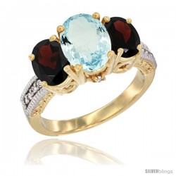 14K Yellow Gold Ladies 3-Stone Oval Natural Aquamarine Ring with Garnet Sides Diamond Accent