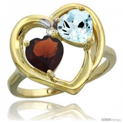 14k Yellow Gold 2-Stone Heart Ring 6mm Natural Garnet & Aquamarine Diamond Accent