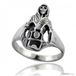 Sterling Silver Grim Reaper on Motorcycle Gothic Biker Ring 3/4 in wide