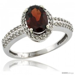 14k White Gold Diamond Halo Garnet Ring 1.2 ct Oval Stone 8x6 mm, 3/8 in wide