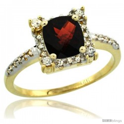 14k Yellow Gold Diamond Halo Garnet Ring 1.2 ct Checkerboard Cut Cushion 6 mm, 11/32 in wide