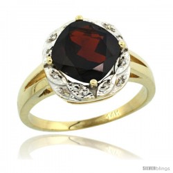 14k Yellow Gold Diamond Halo Garnet Ring 2.7 ct Checkerboard Cut Cushion Shape 8 mm, 1/2 in wide