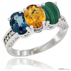 14K White Gold Natural London Blue Topaz, Whisky Quartz & Malachite Ring 3-Stone 7x5 mm Oval Diamond Accent