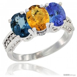 14K White Gold Natural London Blue Topaz, Whisky Quartz & Tanzanite Ring 3-Stone 7x5 mm Oval Diamond Accent