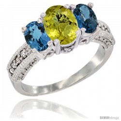 14k White Gold Ladies Oval Natural Lemon Quartz 3-Stone Ring with London Blue Topaz Sides Diamond Accent