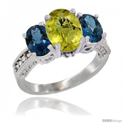 14K White Gold Ladies 3-Stone Oval Natural Lemon Quartz Ring with London Blue Topaz Sides Diamond Accent