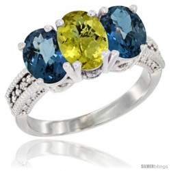 14K White Gold Natural Lemon Quartz & London Blue Topaz Sides Ring 3-Stone 7x5 mm Oval Diamond Accent