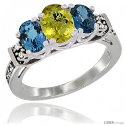 14K White Gold Natural Lemon Quartz & London Blue Ring 3-Stone Oval with Diamond Accent