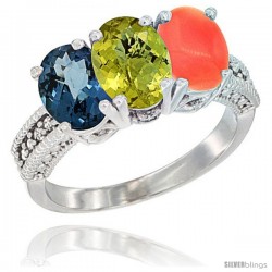 14K White Gold Natural London Blue Topaz, Lemon Quartz & Coral Ring 3-Stone 7x5 mm Oval Diamond Accent