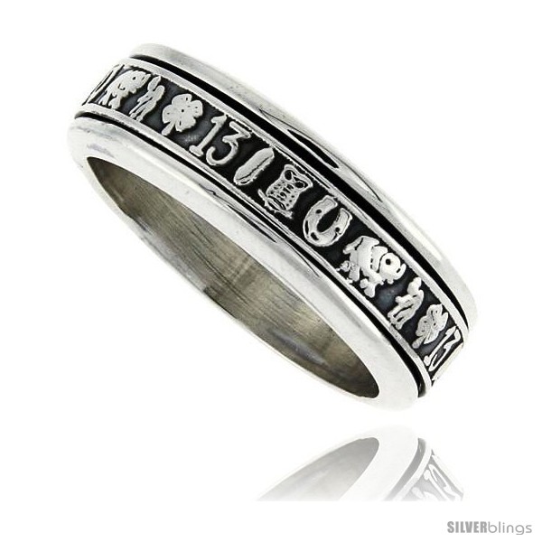 Rechtsaf pion Klaar Sterling Silver Men's Spinner Ring Good Luck Charms Designs Handmade 5/16  wide - SilverBlings