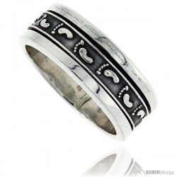 Sterling Silver Men's Spinner Ring Embossed Footprints Pattern Center Handmade 3/8 in wide