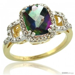 10k Yellow Gold Diamond Mystic Topaz Ring 2 ct Checkerboard Cut Cushion Shape 9x7 mm, 1/2 in wide