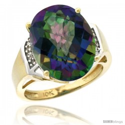 10k Yellow Gold Diamond Mystic Topaz Ring 9.7 ct Large Oval Stone 16x12 mm, 5/8 in wide