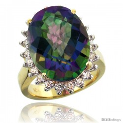 10k Yellow Gold Diamond Halo Mystic Topaz Ring 10 ct Large Oval Stone 18x13 mm, 7/8 in wide