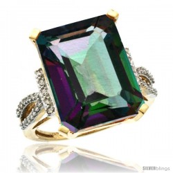 10k Yellow Gold Diamond Mystic Topaz Ring 12 ct Emerald Shape 16x12 Stone 3/4 in wide
