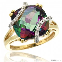 10k Yellow Gold Diamond Mystic Topaz Ring 7.5 ct Cushion Cut 12 mm Stone, 1/2 in wide