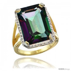 10k Yellow Gold Diamond Mystic Topaz Ring 14.96 ct Emerald shape 18x13 Stone 13/16 in wide