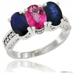 14K White Gold Natural Pink Topaz & Blue Sapphire Sides Ring 3-Stone 7x5 mm Oval Diamond Accent