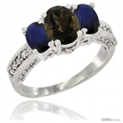 14k White Gold Ladies Oval Natural Smoky Topaz 3-Stone Ring with Blue Sapphire Sides Diamond Accent