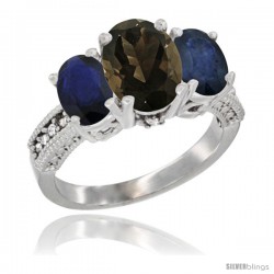 14K White Gold Ladies 3-Stone Oval Natural Smoky Topaz Ring with Blue Sapphire Sides Diamond Accent