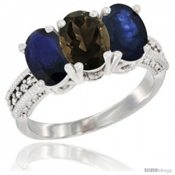 14K White Gold Natural Smoky Topaz & Blue Sapphire Sides Ring 3-Stone 7x5 mm Oval Diamond Accent